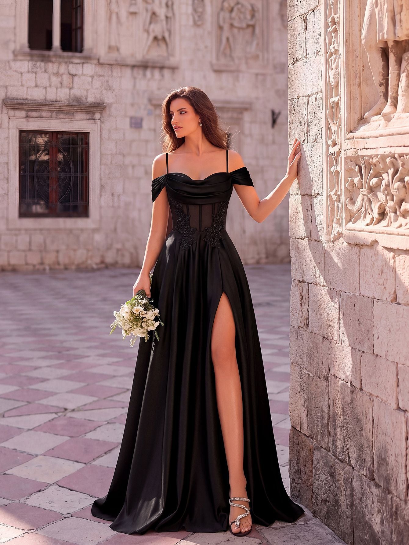 Leichte Luxus Sheer Spitze Satin Abendkleid Off-Schulter Strap Hochzeit Abendessen Langes Kleid